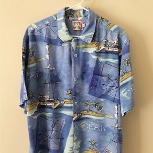 Vintage Jams World Mens Size L Blue Catamaran Short Sleeve Shirt Ocean